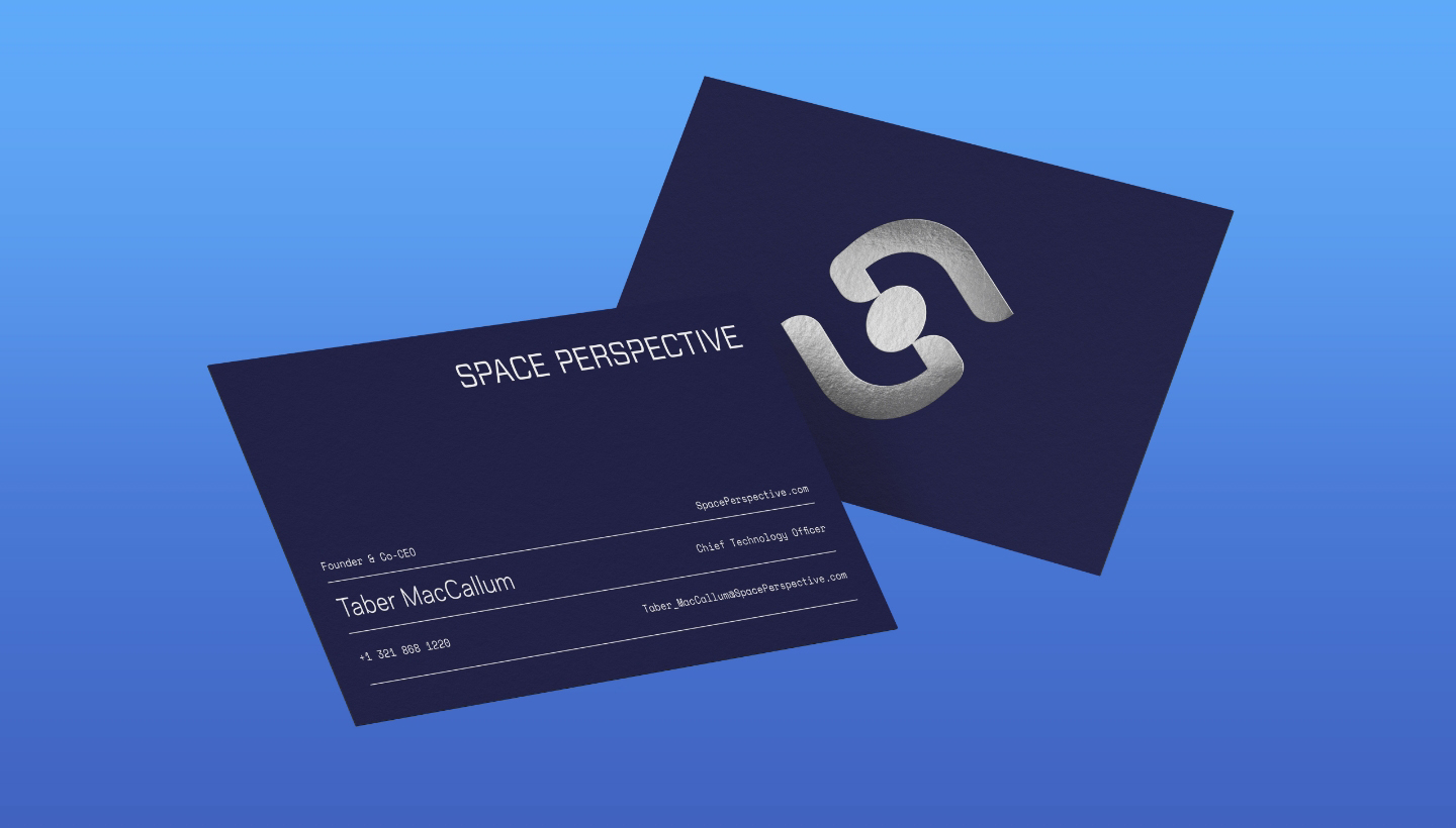 Space Perspective Business Card Design with silver foil stamped logo